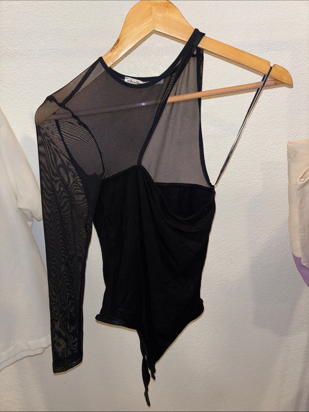 Elodie Black One-Shoulder Mesh Draped Bodysuit